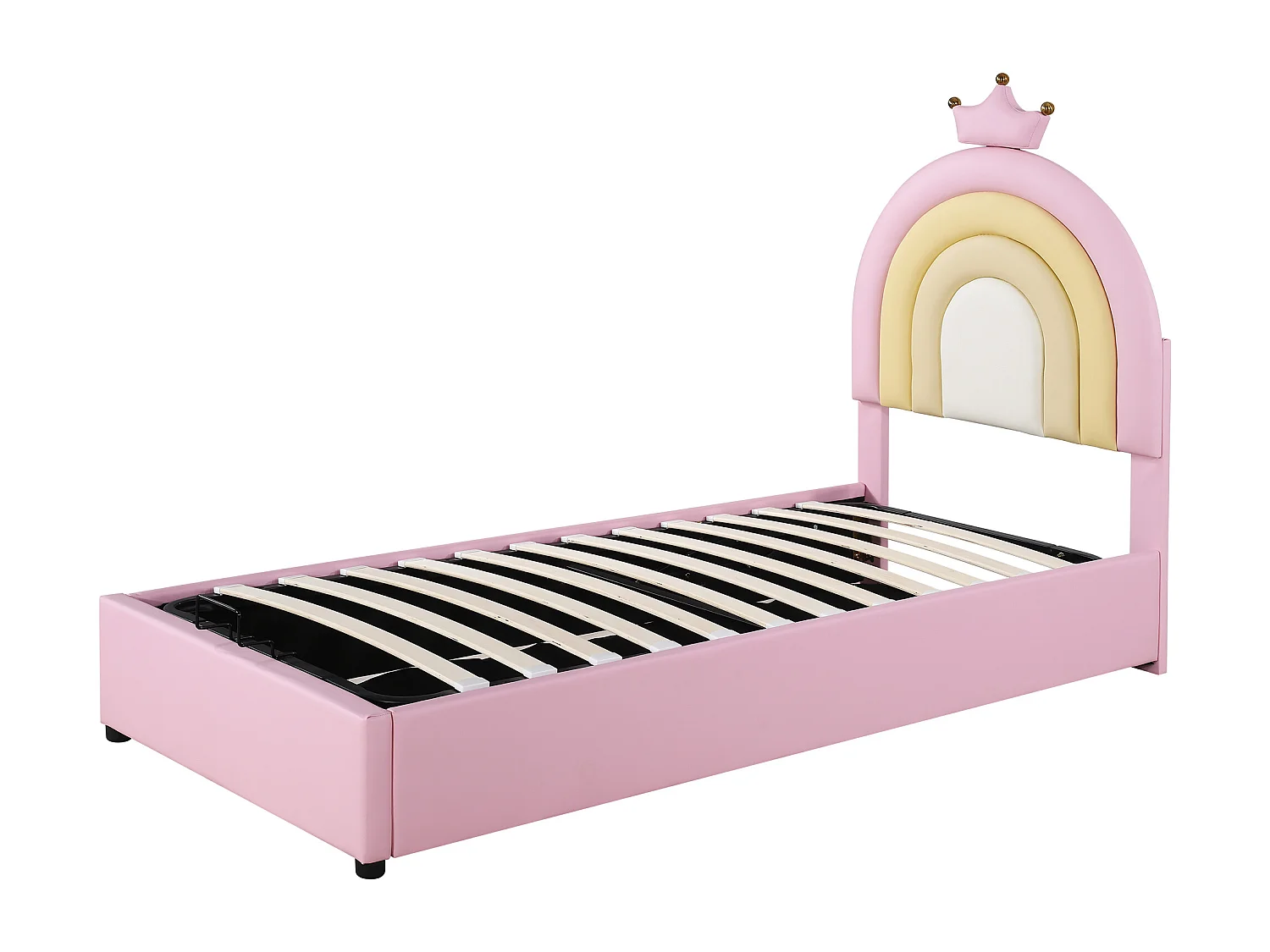 Cama com arrumação infantil 90x200 cm rosa em pele sintética, cabeceira ajustável, estrado de ripas, sem colchão