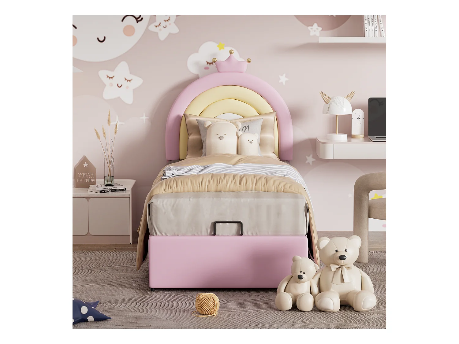 Cama com arrumação infantil 90x200 cm rosa em pele sintética, cabeceira ajustável, estrado de ripas, sem colchão