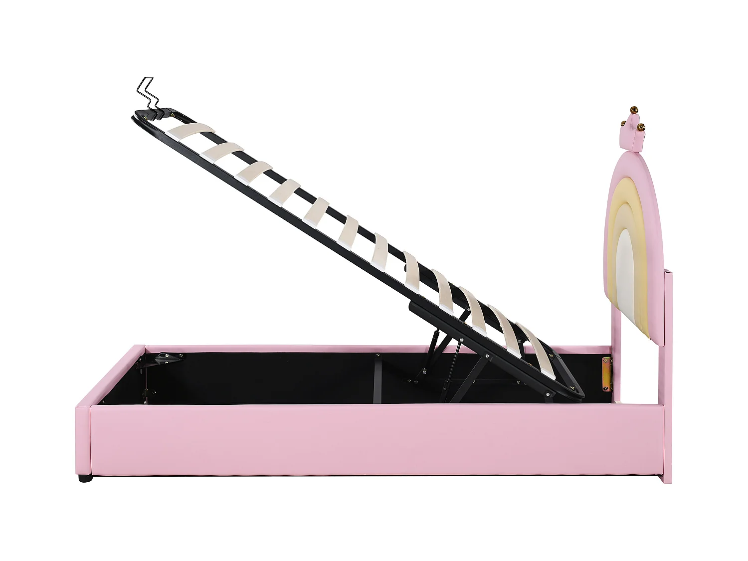 Cama com arrumação infantil 90x200 cm rosa em pele sintética, cabeceira ajustável, estrado de ripas, sem colchão