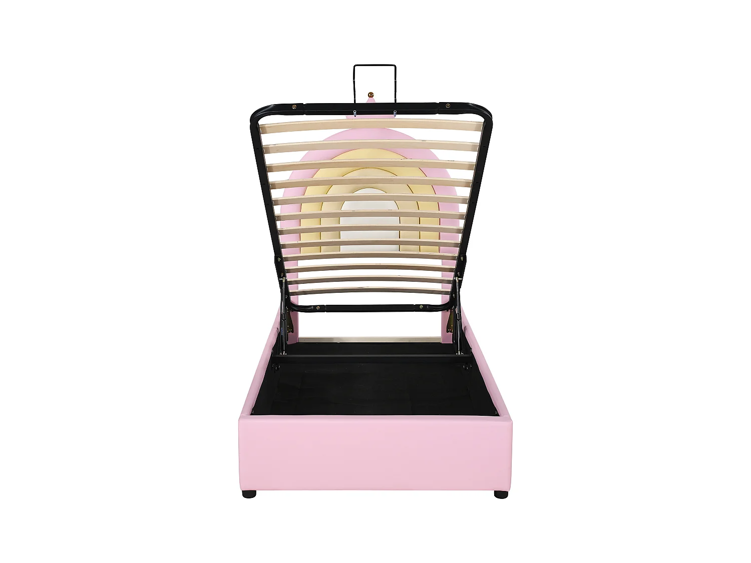 Cama com arrumação infantil 90x200 cm rosa em pele sintética, cabeceira ajustável, estrado de ripas, sem colchão