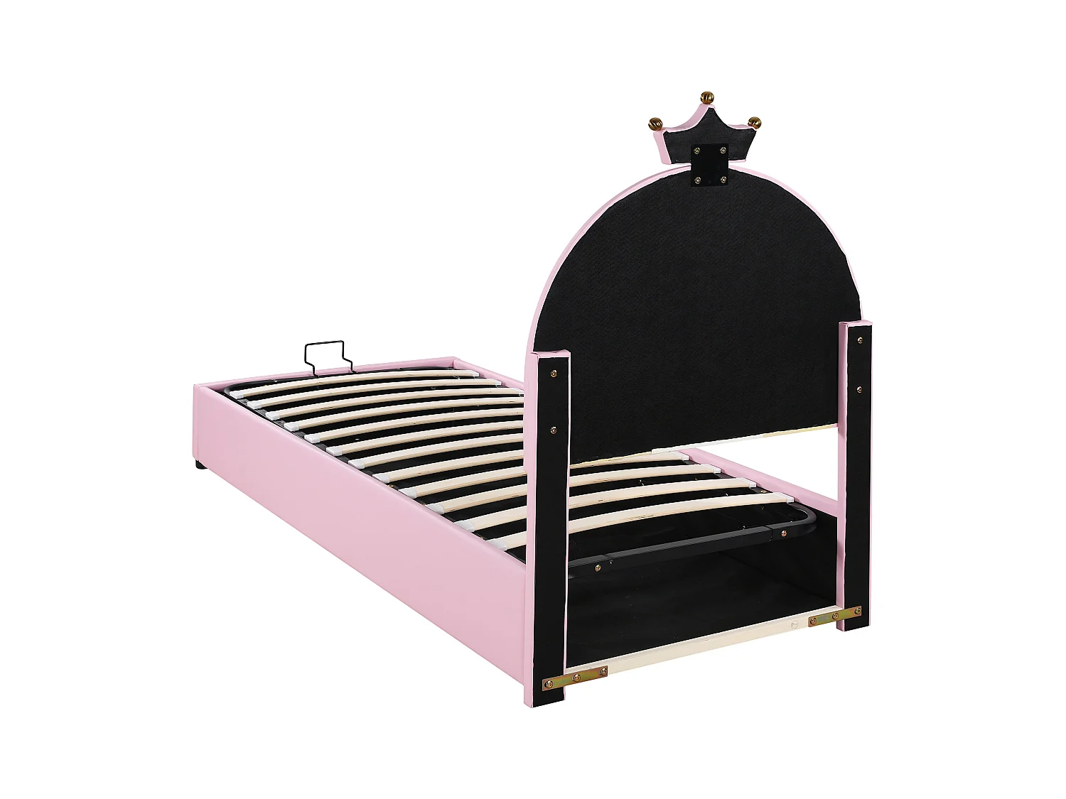 Cama com arrumação infantil 90x200 cm rosa em pele sintética, cabeceira ajustável, estrado de ripas, sem colchão