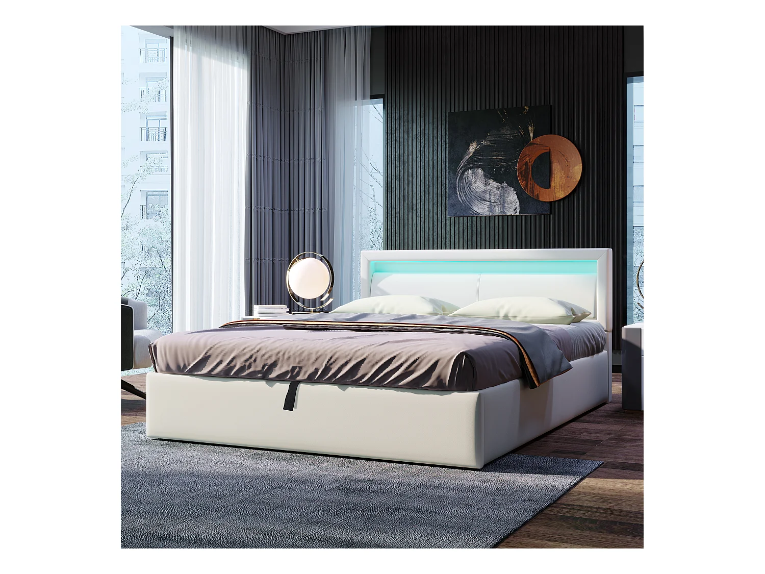 Lit coffre adulte140x200 cm blanc avec LED, simili cuir+MDF, Sommier à lattes, sans matelas