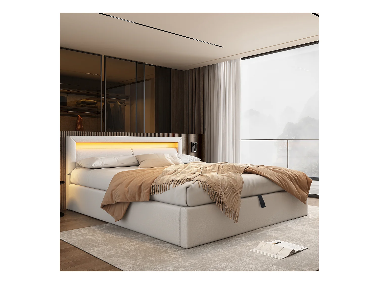 Lit coffre adulte140x200 cm blanc avec LED, simili cuir+MDF, Sommier à lattes, sans matelas
