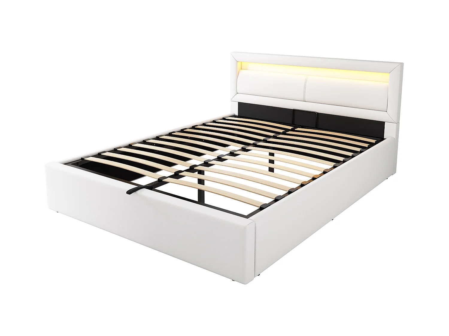 Opbergbed 140x200 cm wit met LED, kunstleer + MDF, lattenbodem, zonder matras