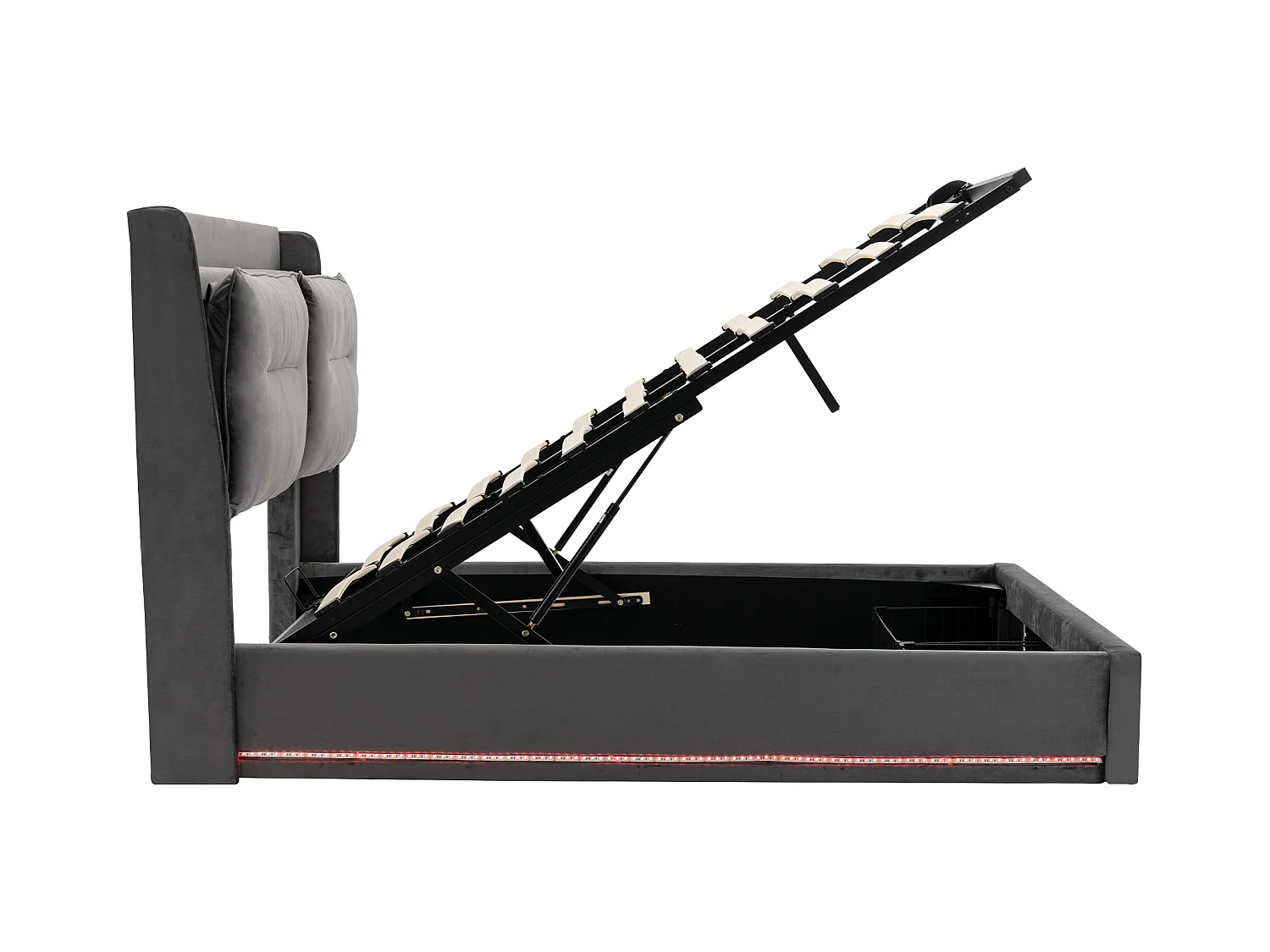 Lit coffre adulte 140x200 cm gris en velours, avec tiroirs de rangement + LED, sans matelas