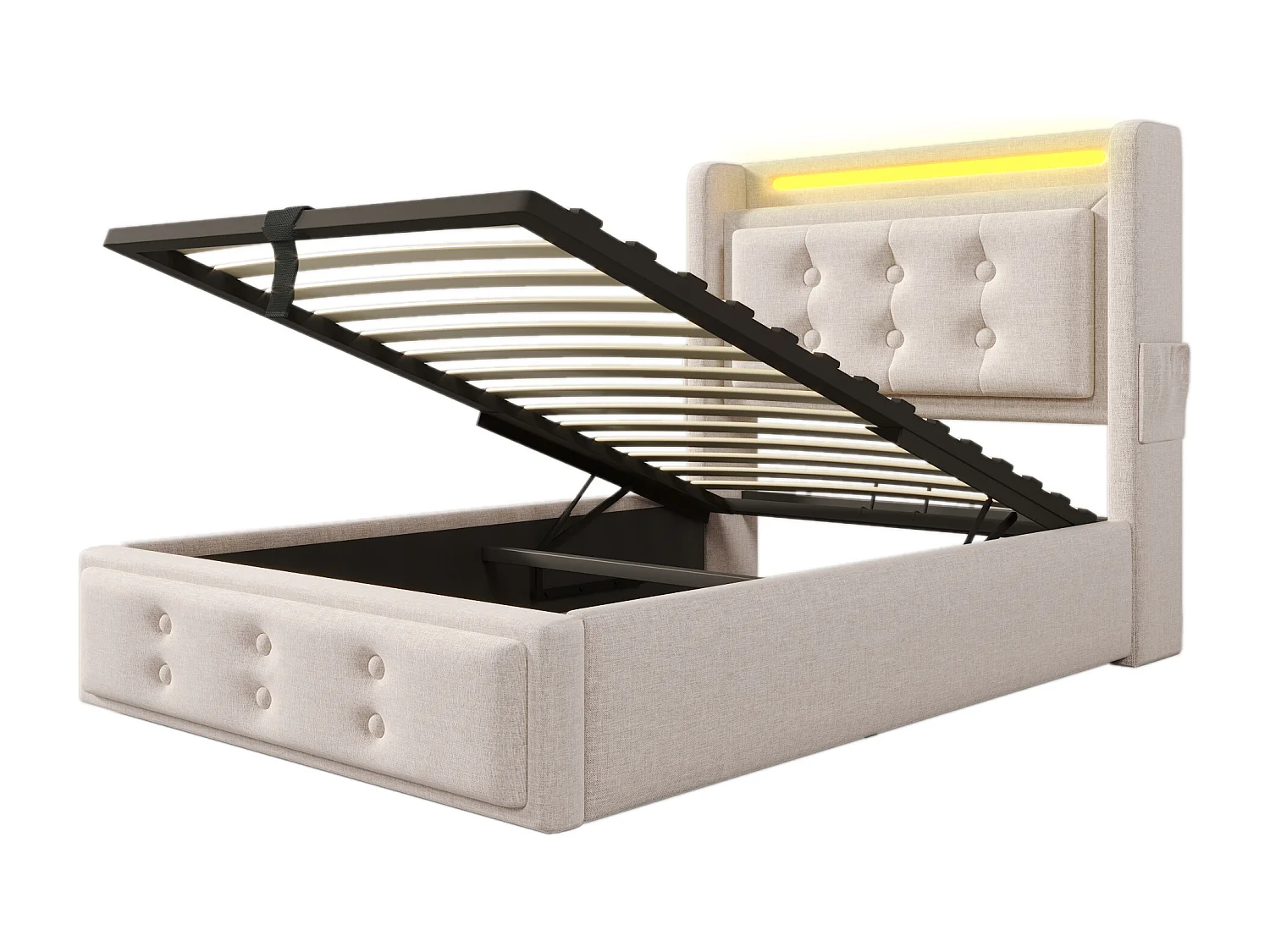 Cama com arrumação 90x200 cm bege com LED e porta USB-C, algodão e linho, estrado de ripas, sem colchão