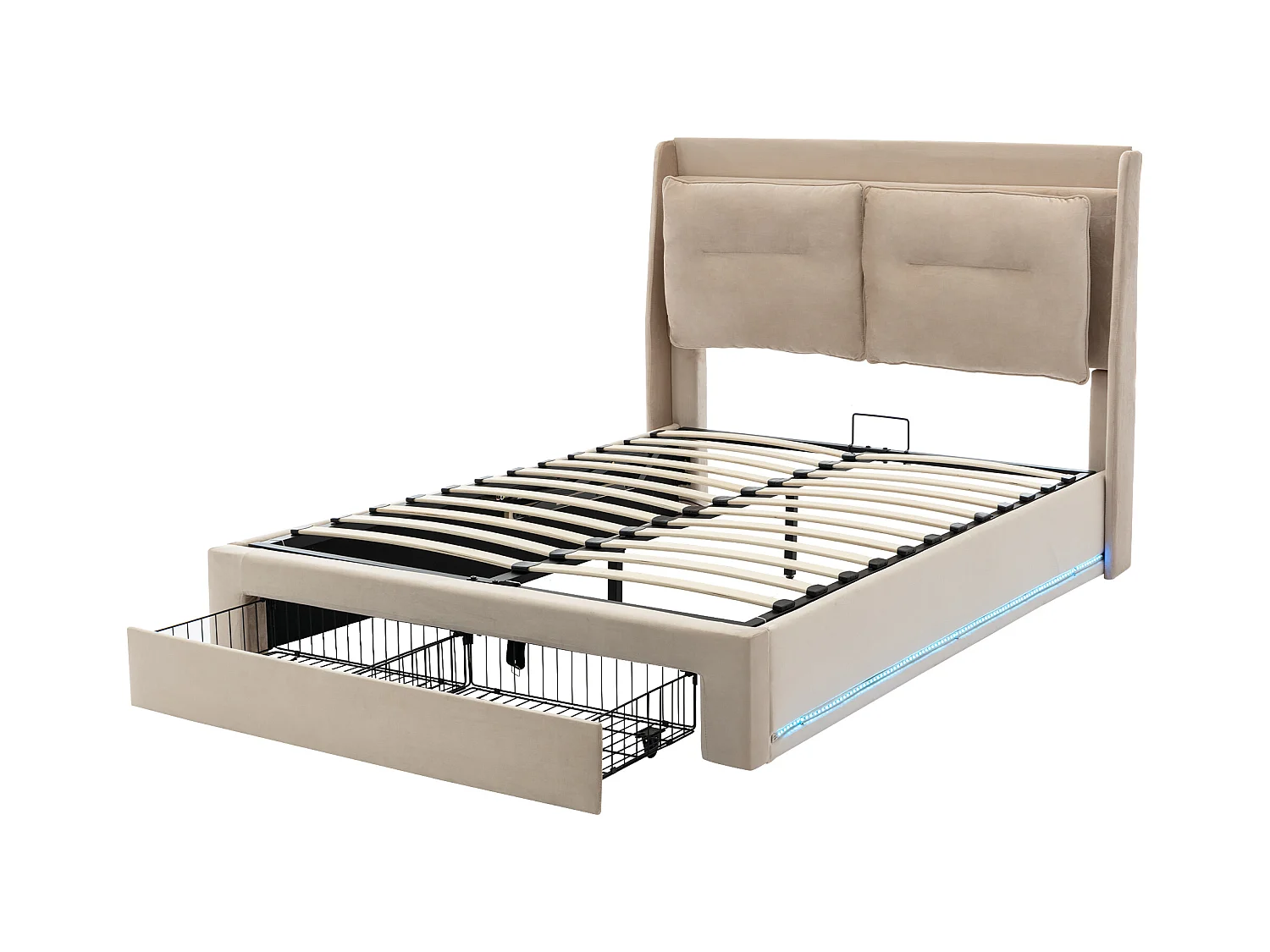 Lit coffre adulte 140x200 cm beige en velours, avec tiroir de rangement + LED, sans matelas