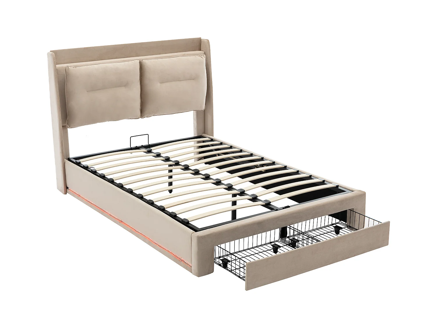 Lit coffre adulte 140x200 cm beige en velours, avec tiroir de rangement + LED, sans matelas