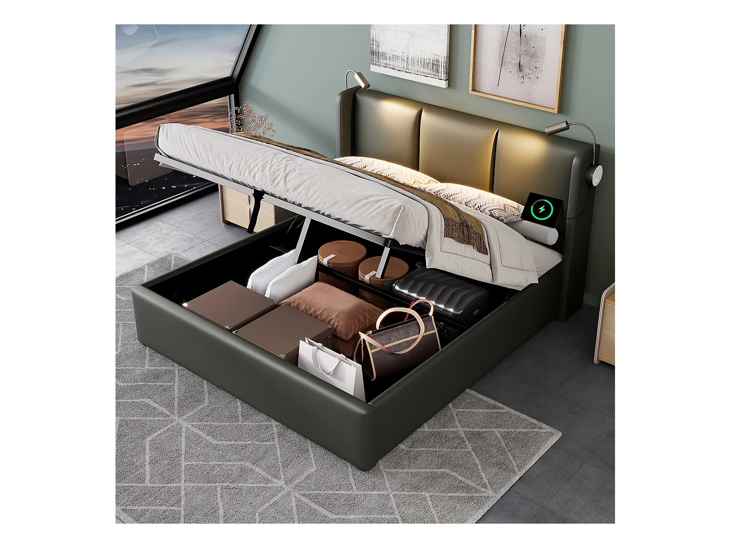 Lit coffre adulte 140x200cm gris avec liseuse et USB, PU, Sommier à lattes, sans matelas