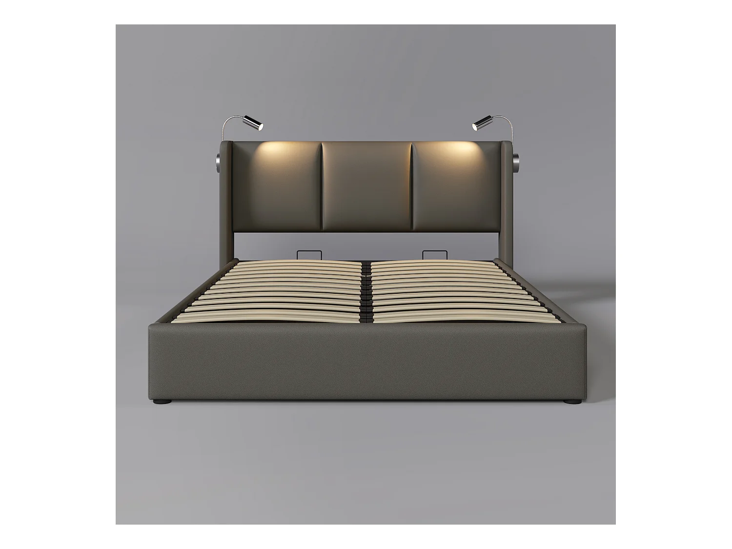 Lit coffre adulte 140x200cm gris avec liseuse et USB, PU, Sommier à lattes, sans matelas