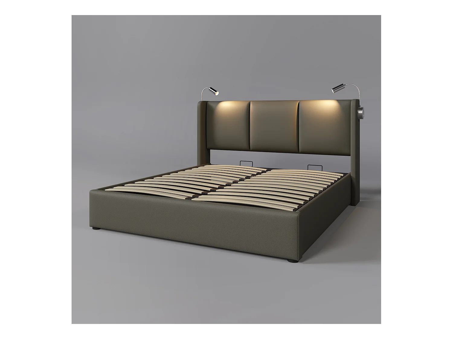 Lit coffre adulte 140x200cm gris avec liseuse et USB, PU, Sommier à lattes, sans matelas