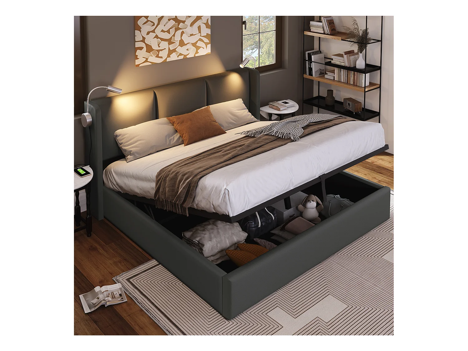 Opbergbed 140x200 cm grijs met leeslampje en USB-poort, kunstleer, lattenbodem, zonder matras