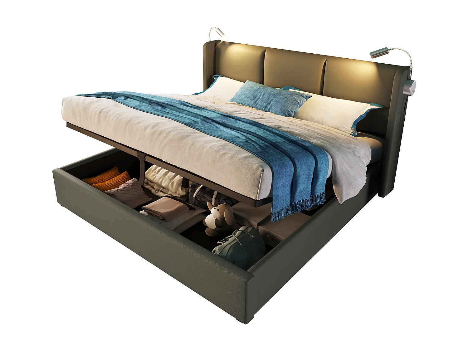 Lit coffre adulte 140x200cm gris avec liseuse et USB, PU, Sommier à lattes, sans matelas
