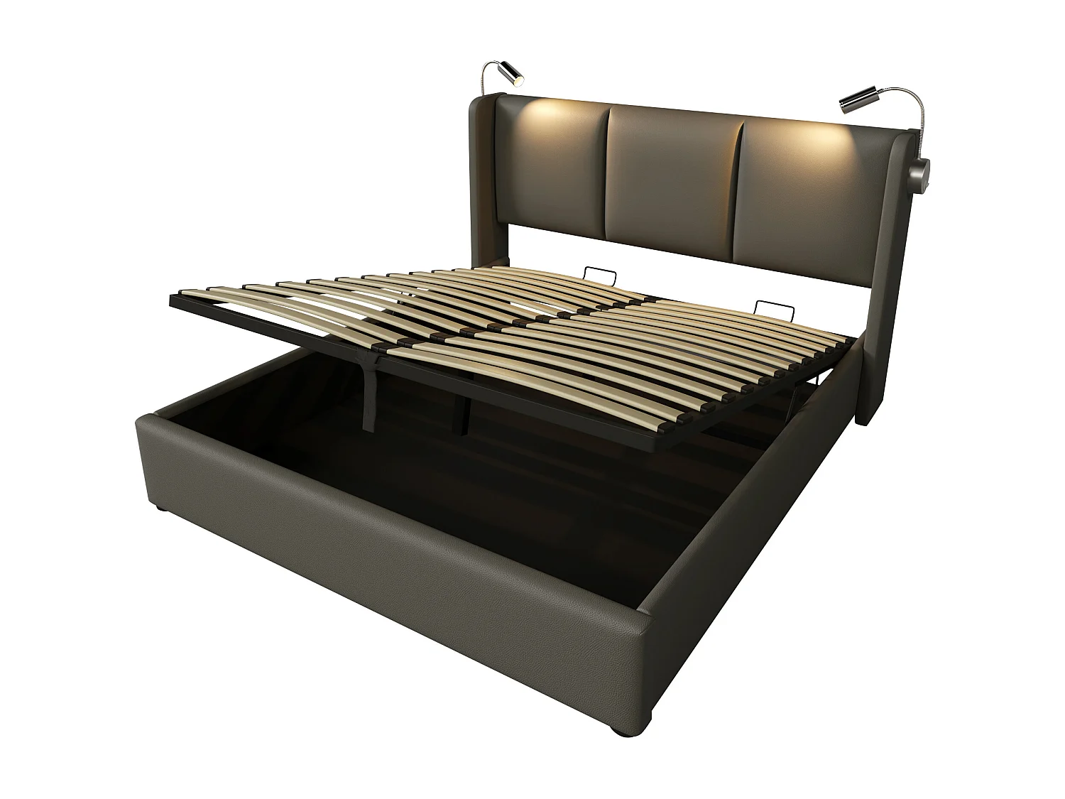 Lit coffre adulte 140x200cm gris avec liseuse et USB, PU, Sommier à lattes, sans matelas