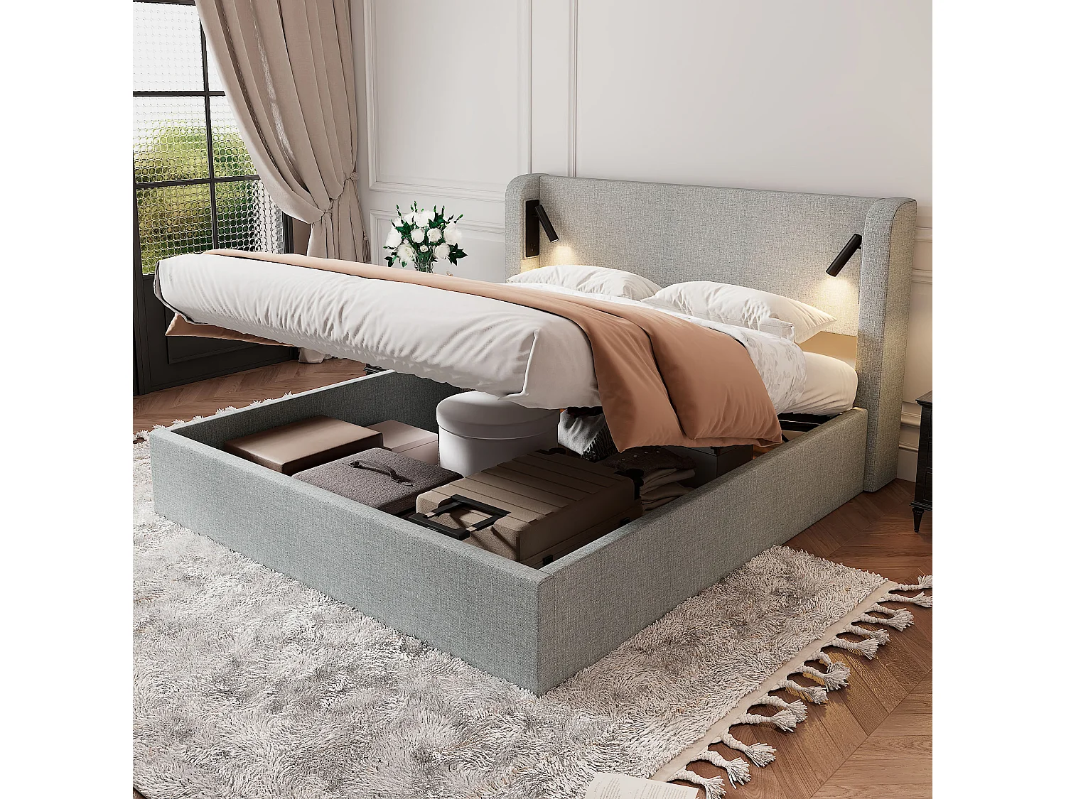 Lit coffre adulte 140x190 cm avec LED, sommier à lattes en bois, lin, sans matelas, gris