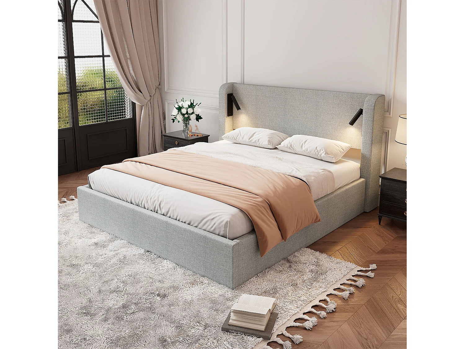 Lit coffre adulte 140x190 cm avec LED, sommier à lattes en bois, lin, sans matelas, gris