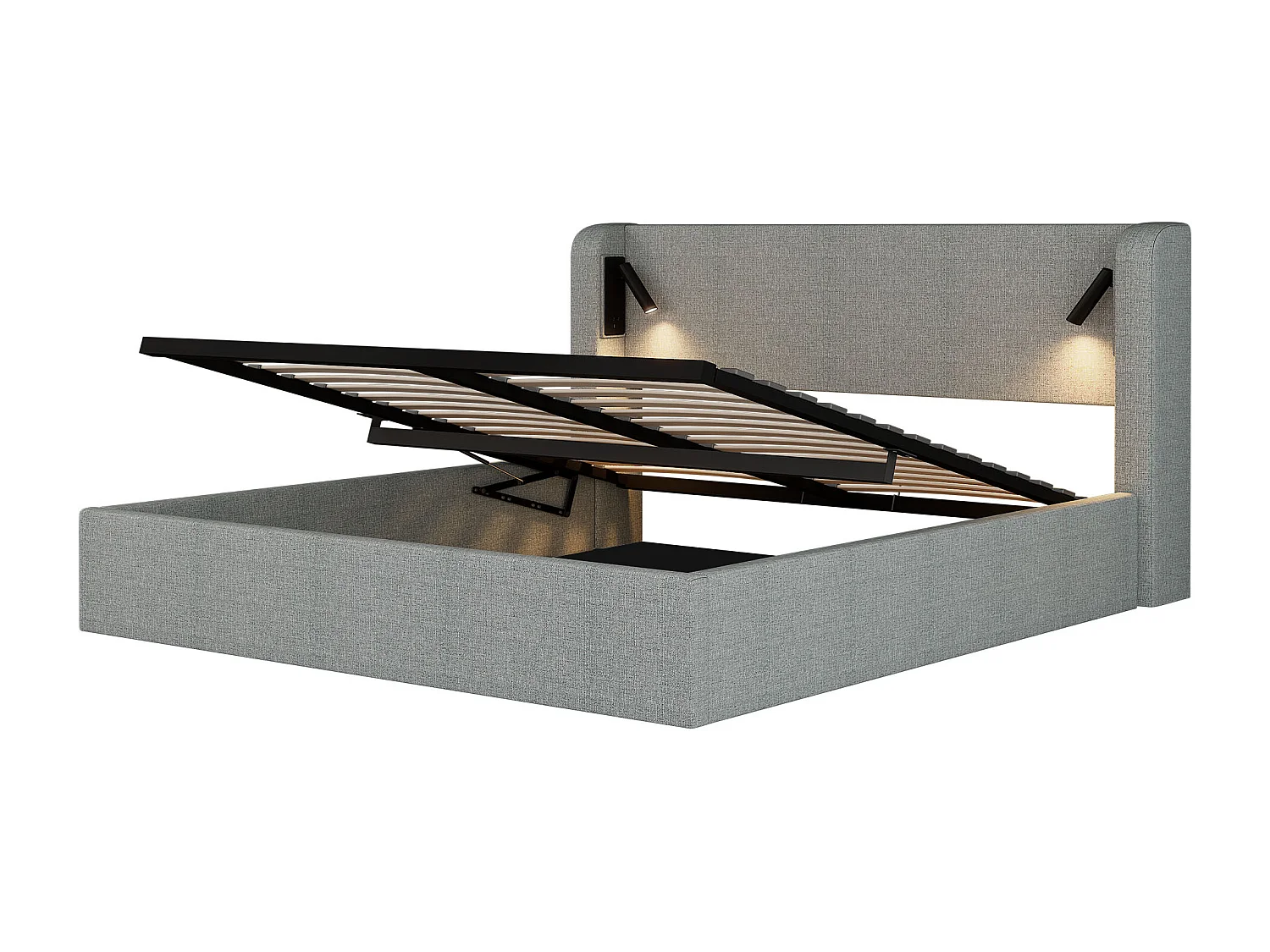 Lit coffre adulte 140x190 cm avec LED, sommier à lattes en bois, lin, sans matelas, gris