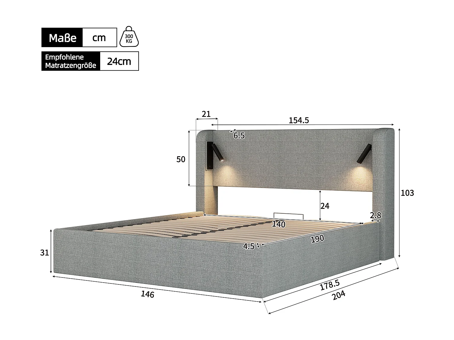 Lit coffre adulte 140x190 cm avec LED, sommier à lattes en bois, lin, sans matelas, gris