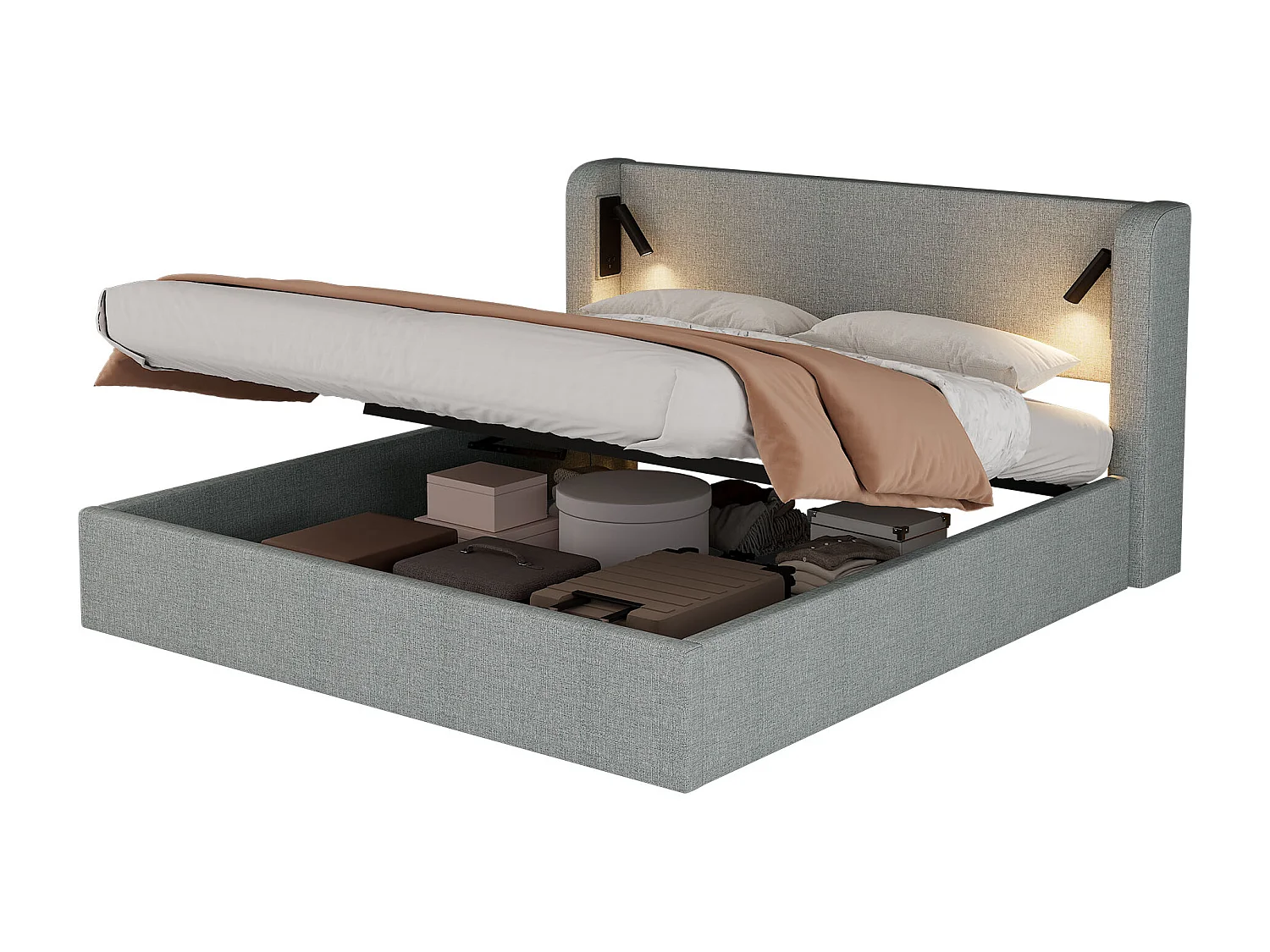 Lit coffre adulte 140x190 cm avec LED, sommier à lattes en bois, lin, sans matelas, gris