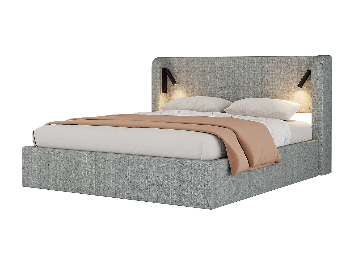 Lit coffre adulte 140x190 cm avec LED, sommier à lattes en bois, lin, sans matelas, gris