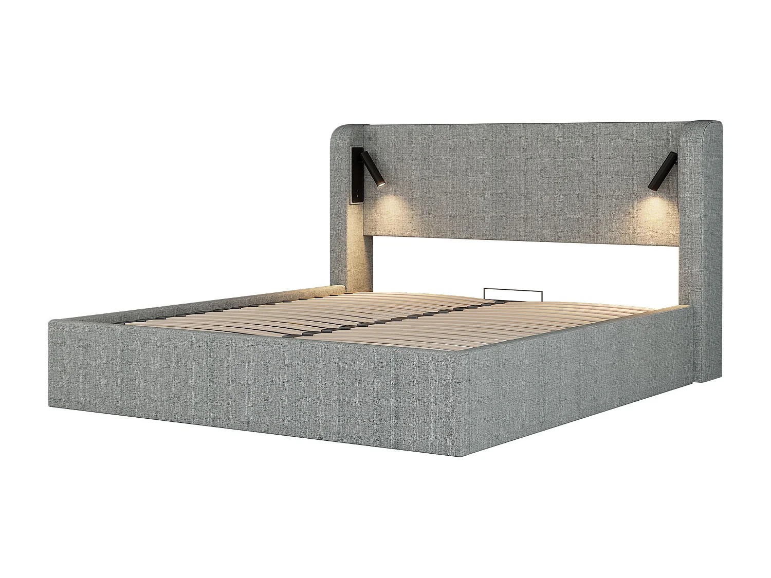 Lit coffre adulte 140x190 cm avec LED, sommier à lattes en bois, lin, sans matelas, gris