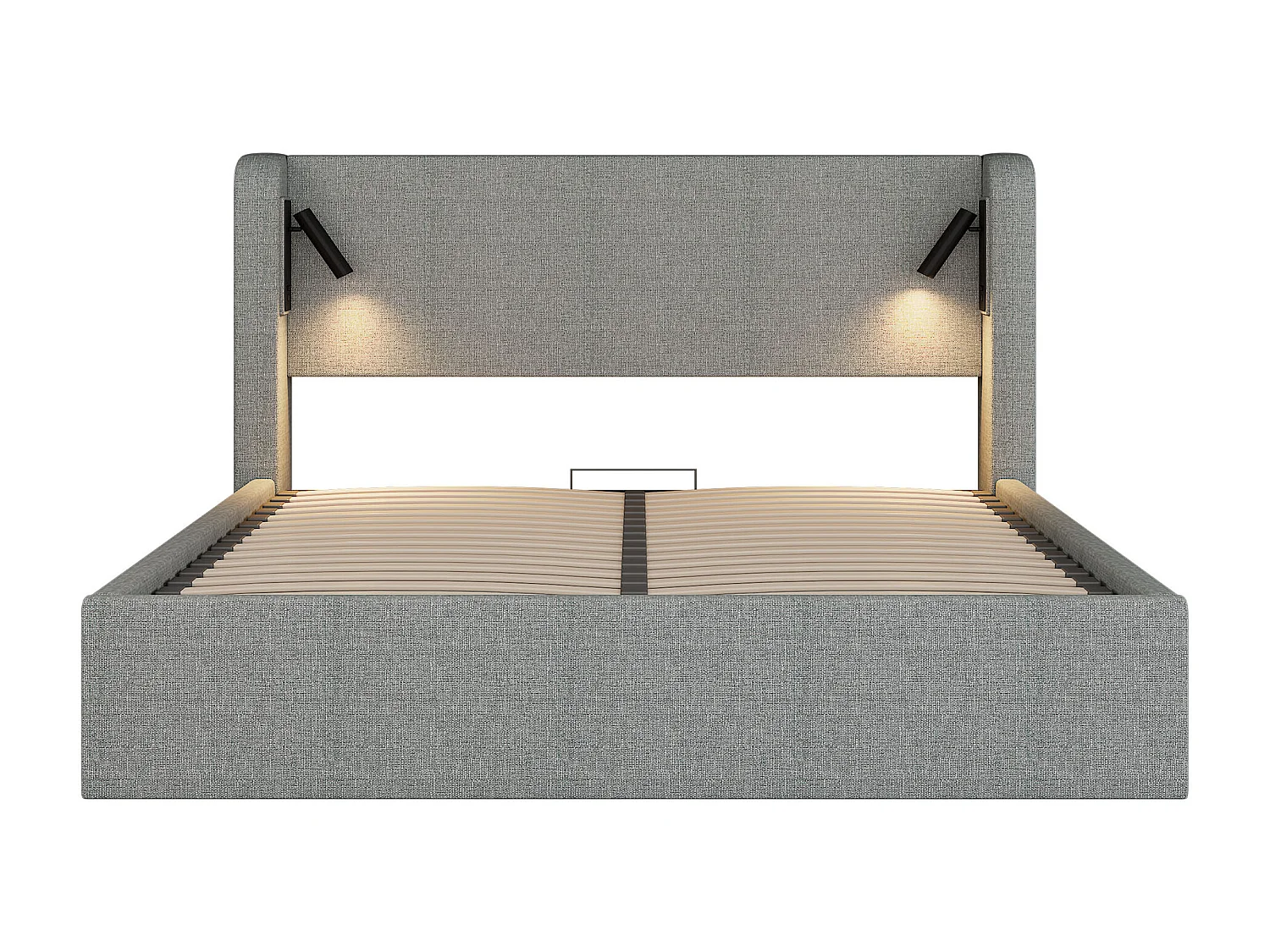 Lit coffre adulte 140x190 cm avec LED, sommier à lattes en bois, lin, sans matelas, gris