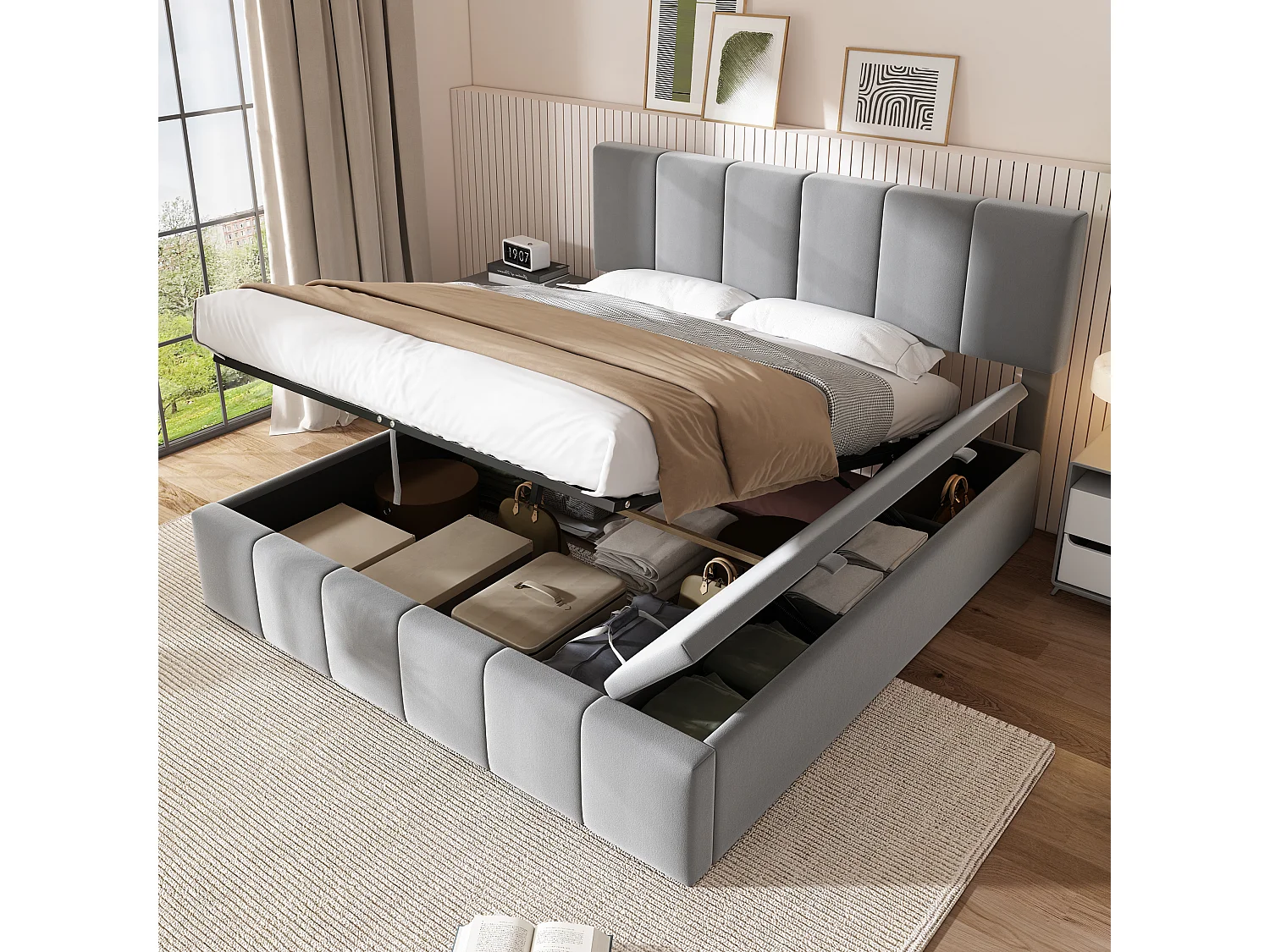 Cama baú para adultos 160x200 cm com armazenamento lateral, veludo, cinza, estrado de ripas, sem colchão