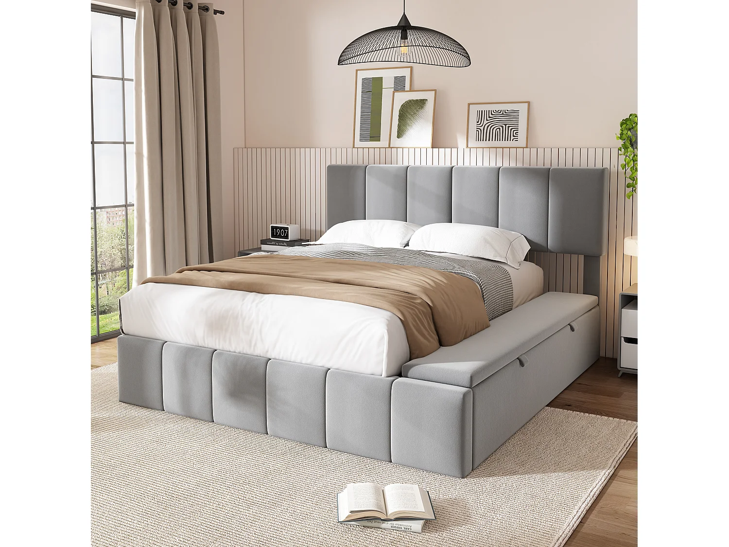 Cama baú para adultos 160x200 cm com armazenamento lateral, veludo, cinza, estrado de ripas, sem colchão