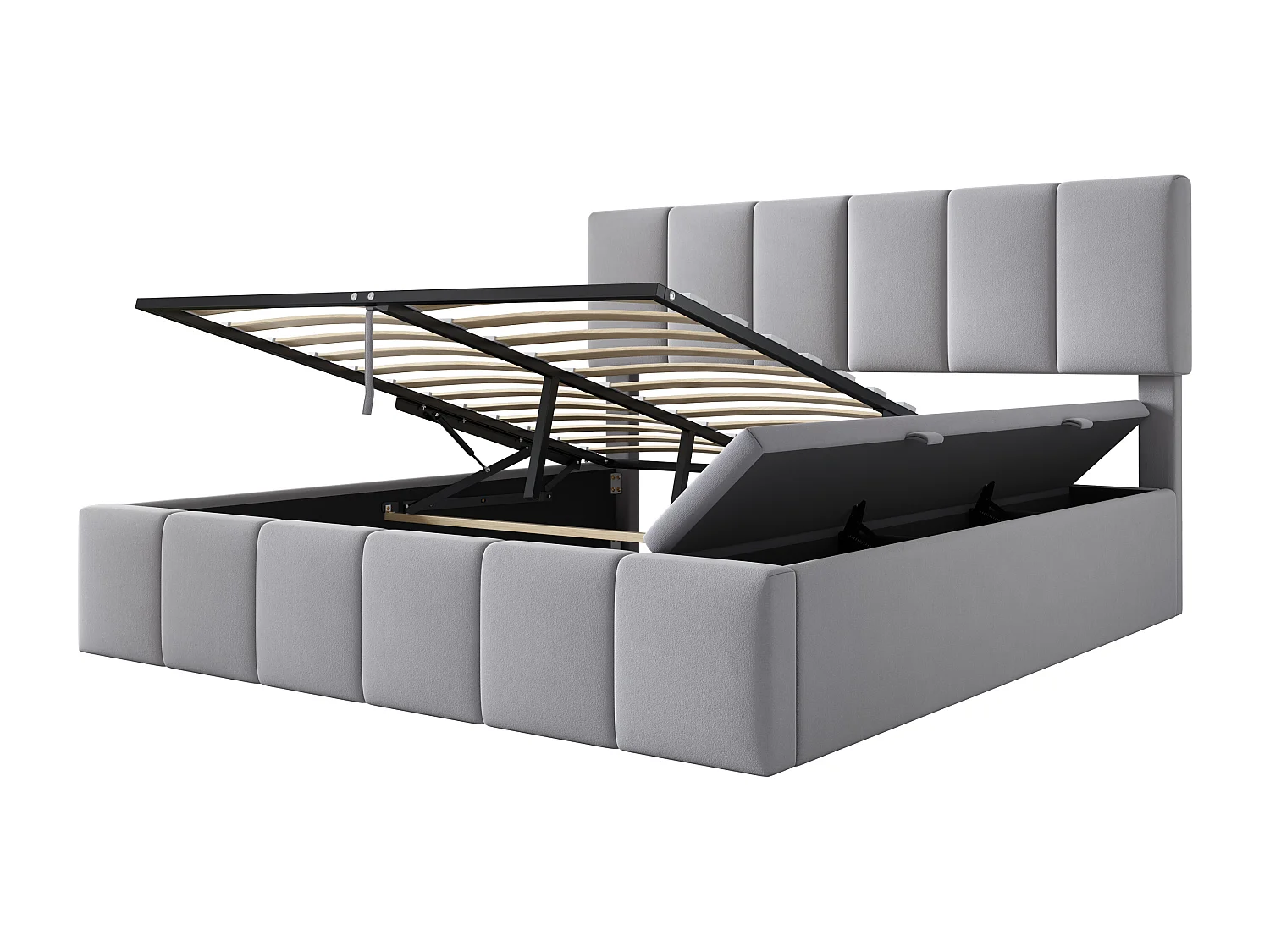 Cama baú para adultos 160x200 cm com armazenamento lateral, veludo, cinza, estrado de ripas, sem colchão