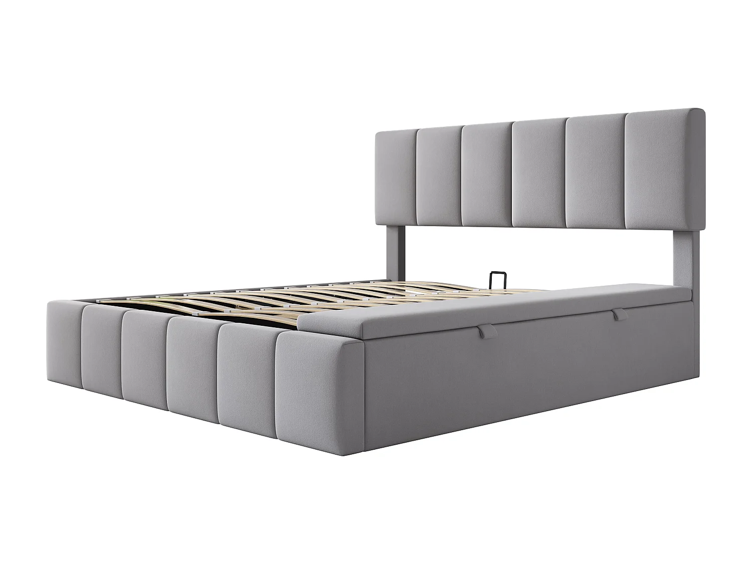 Cama baú para adultos 160x200 cm com armazenamento lateral, veludo, cinza, estrado de ripas, sem colchão