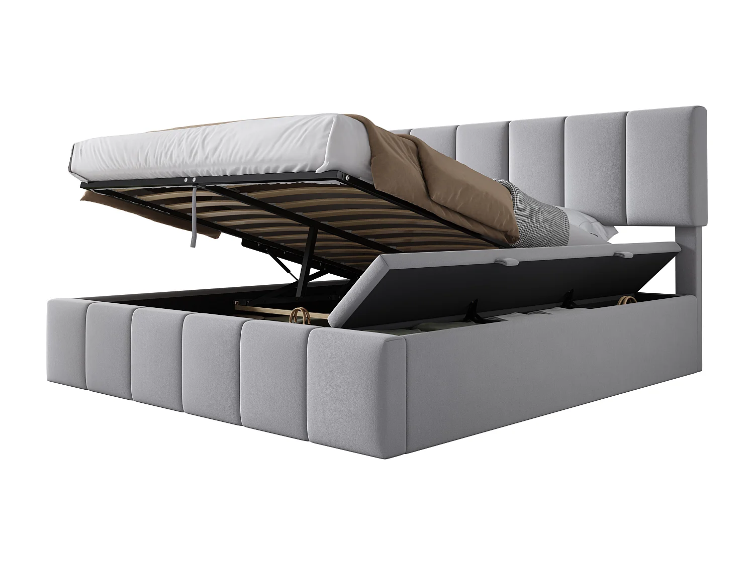 Cama baú para adultos 160x200 cm com armazenamento lateral, veludo, cinza, estrado de ripas, sem colchão