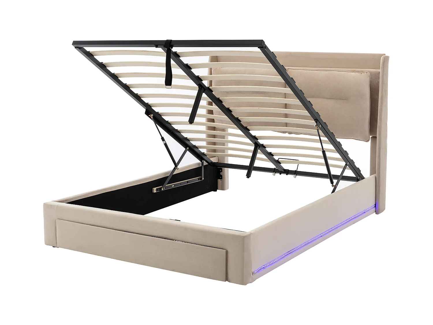 Opbergbed 160x200 cm in beige fluweel met lade en LED-verlichting, zonder matras