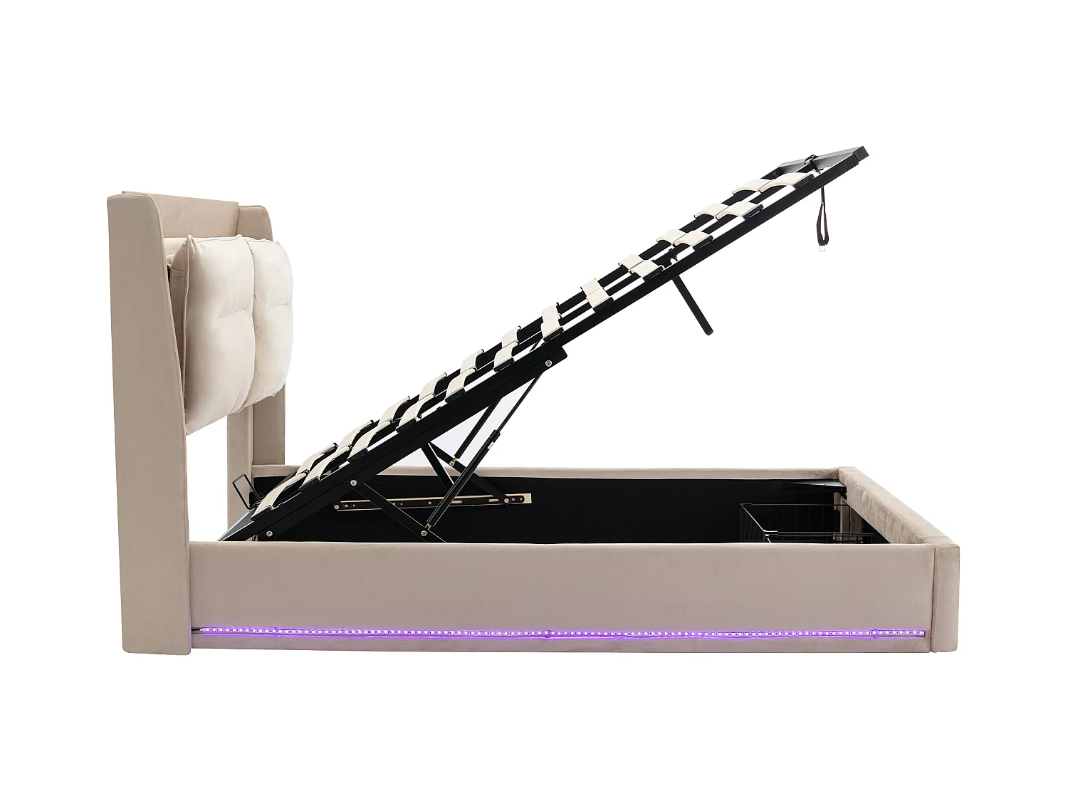 Opbergbed 160x200 cm in beige fluweel met lade en LED-verlichting, zonder matras