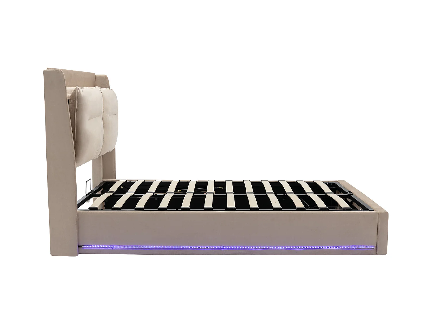 Opbergbed 160x200 cm in beige fluweel met lade en LED-verlichting, zonder matras