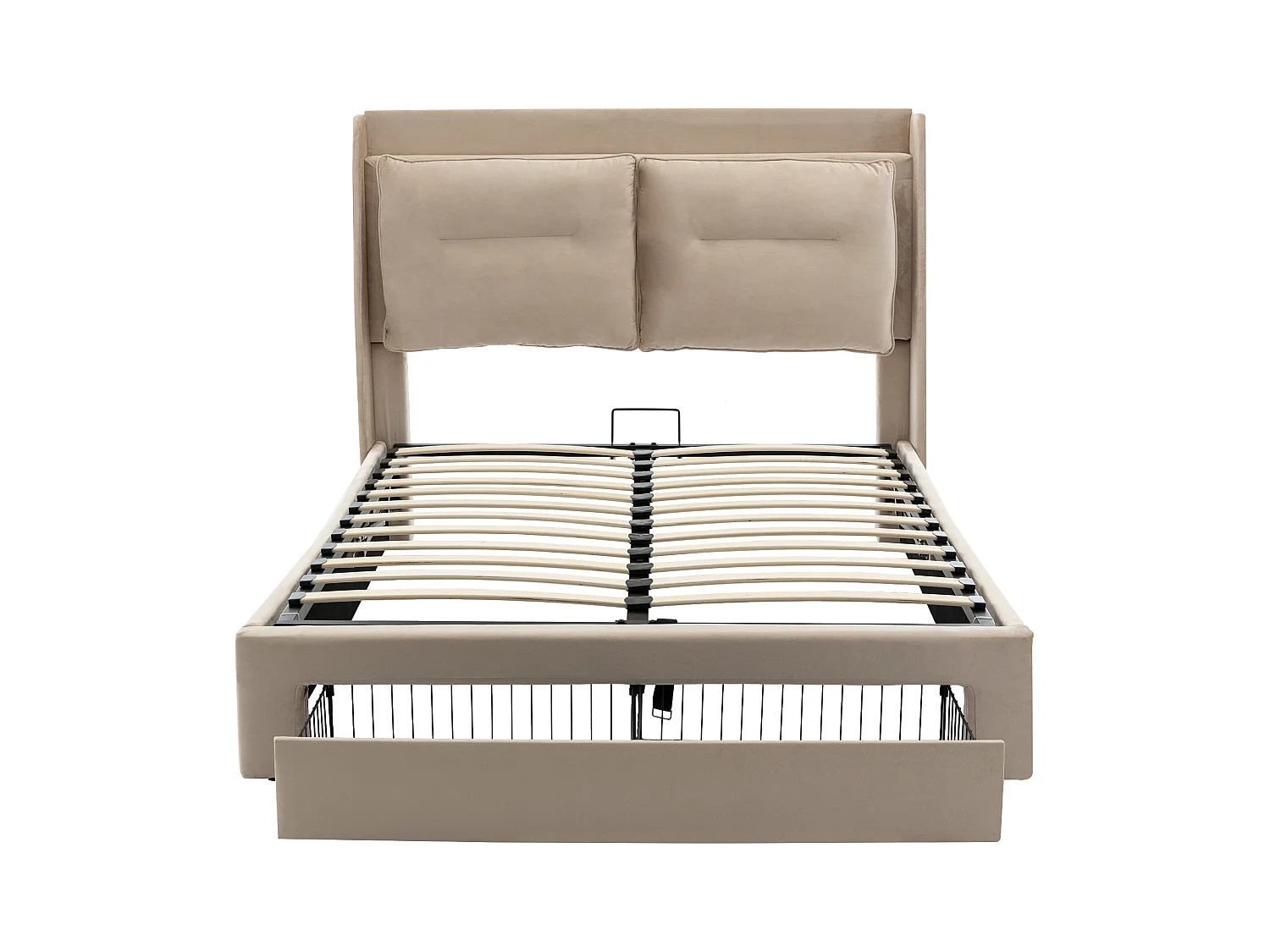 Lit coffre adulte 160x200 cm beige en velours, avec tiroir de rangement + LED, sans matelas