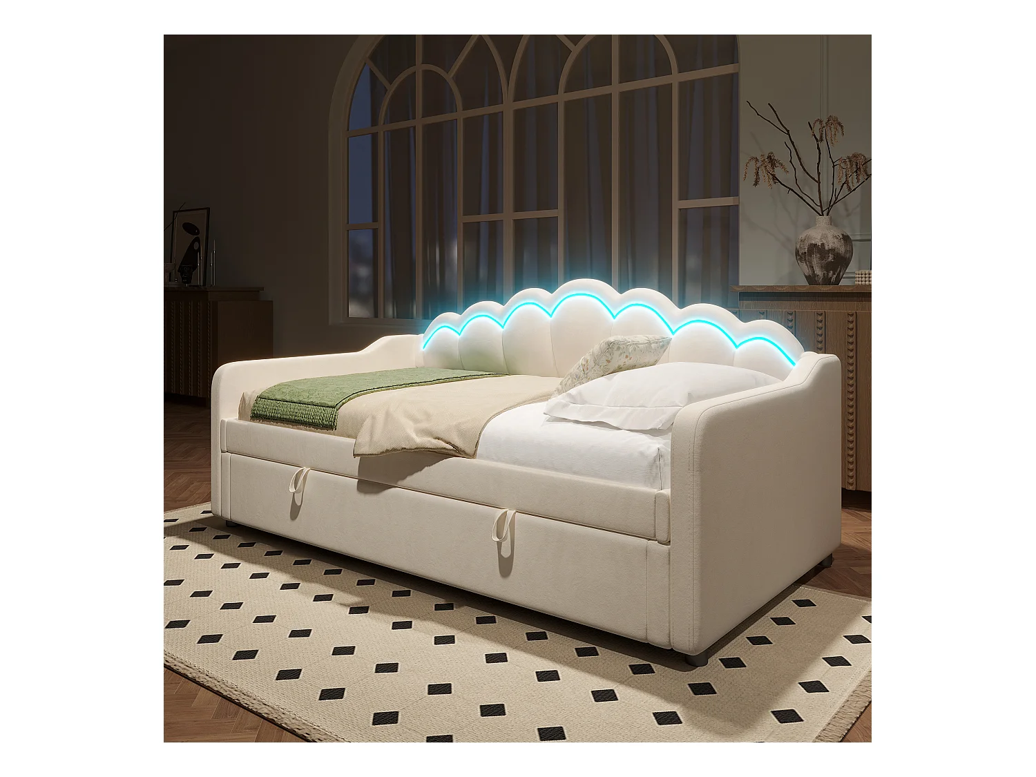 Lit coffre enfant 90x200cm beige en velours avec LED, Sommier à lattes, sans matelas