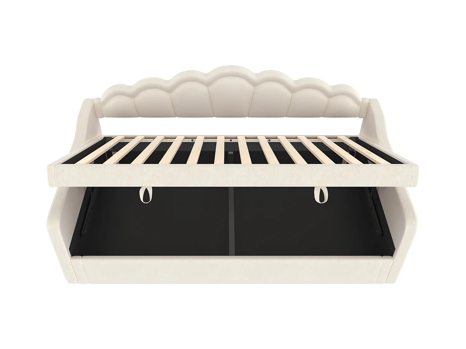 Lit coffre enfant 90x200cm beige en velours avec LED, Sommier à lattes, sans matelas