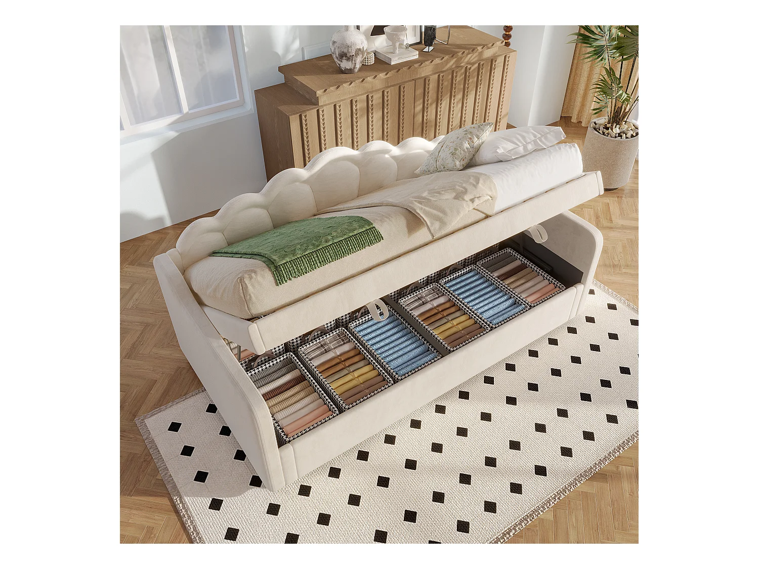 Lit coffre enfant 90x200cm beige en velours avec LED, Sommier à lattes, sans matelas