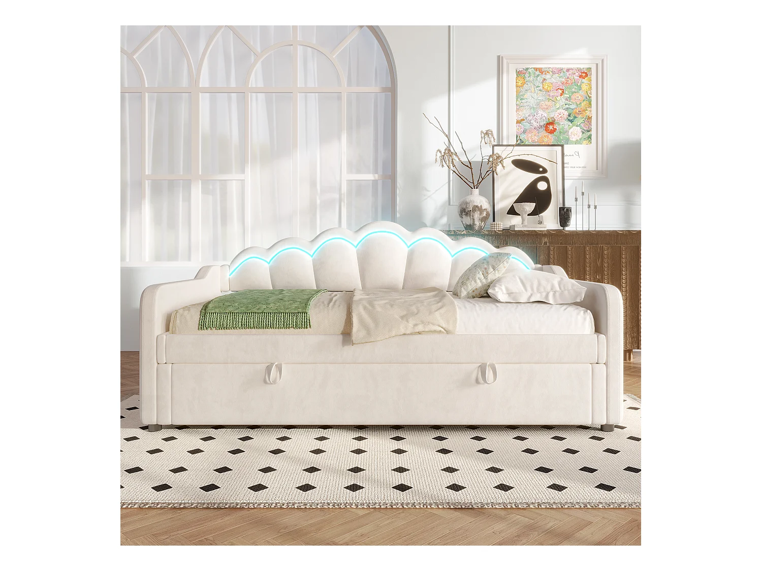 Lit coffre enfant 90x200cm beige en velours avec LED, Sommier à lattes, sans matelas