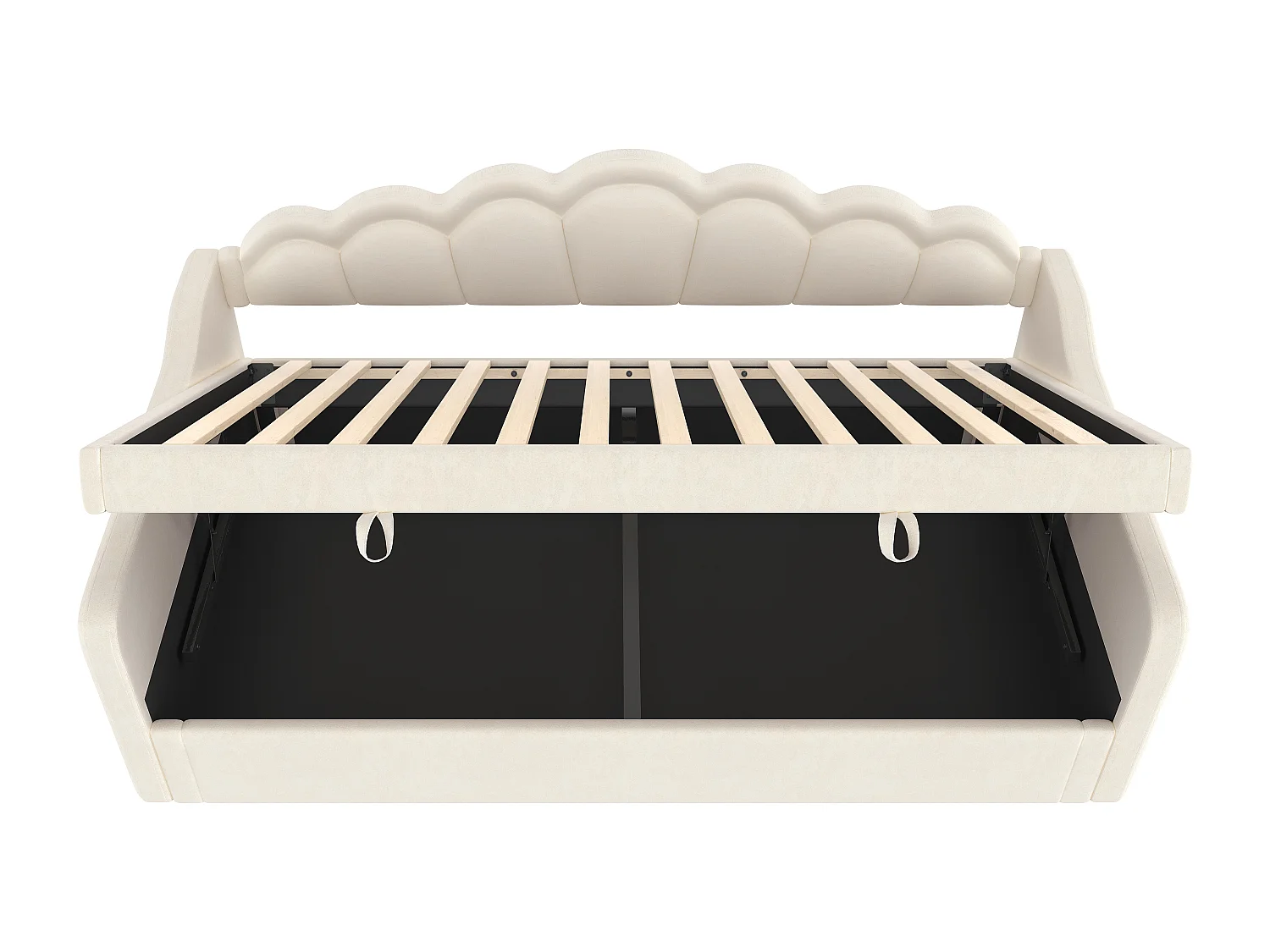 Lit coffre enfant 90x200cm beige en velours avec LED, Sommier à lattes, sans matelas