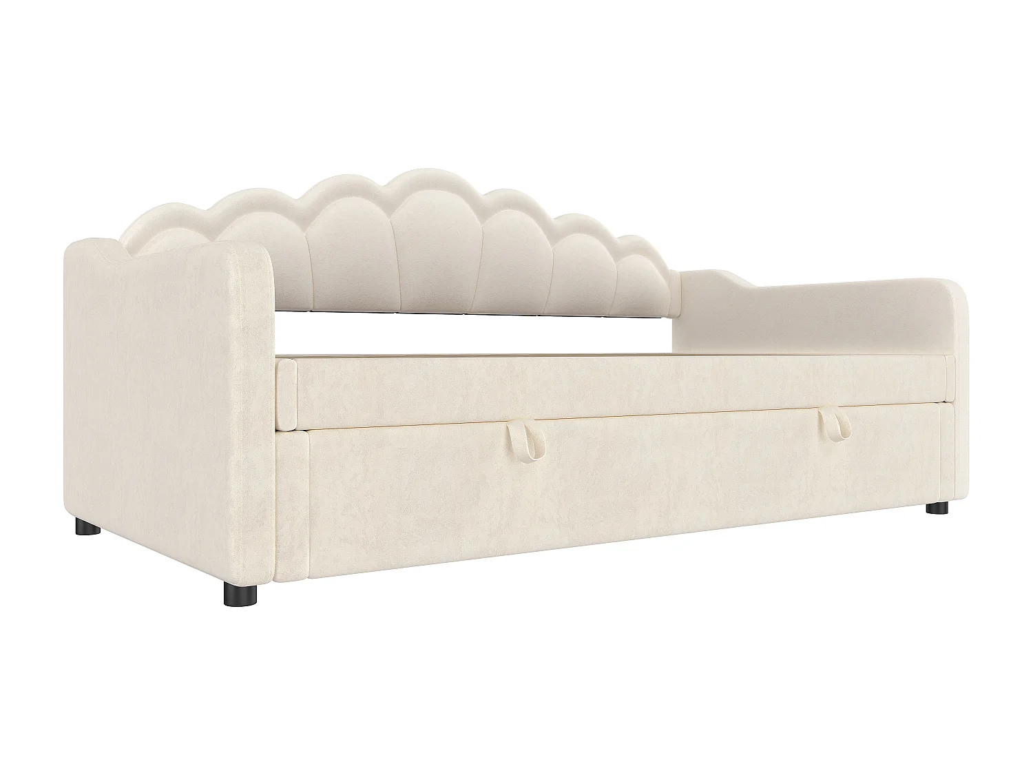 Lit coffre enfant 90x200cm beige en velours avec LED, Sommier à lattes, sans matelas