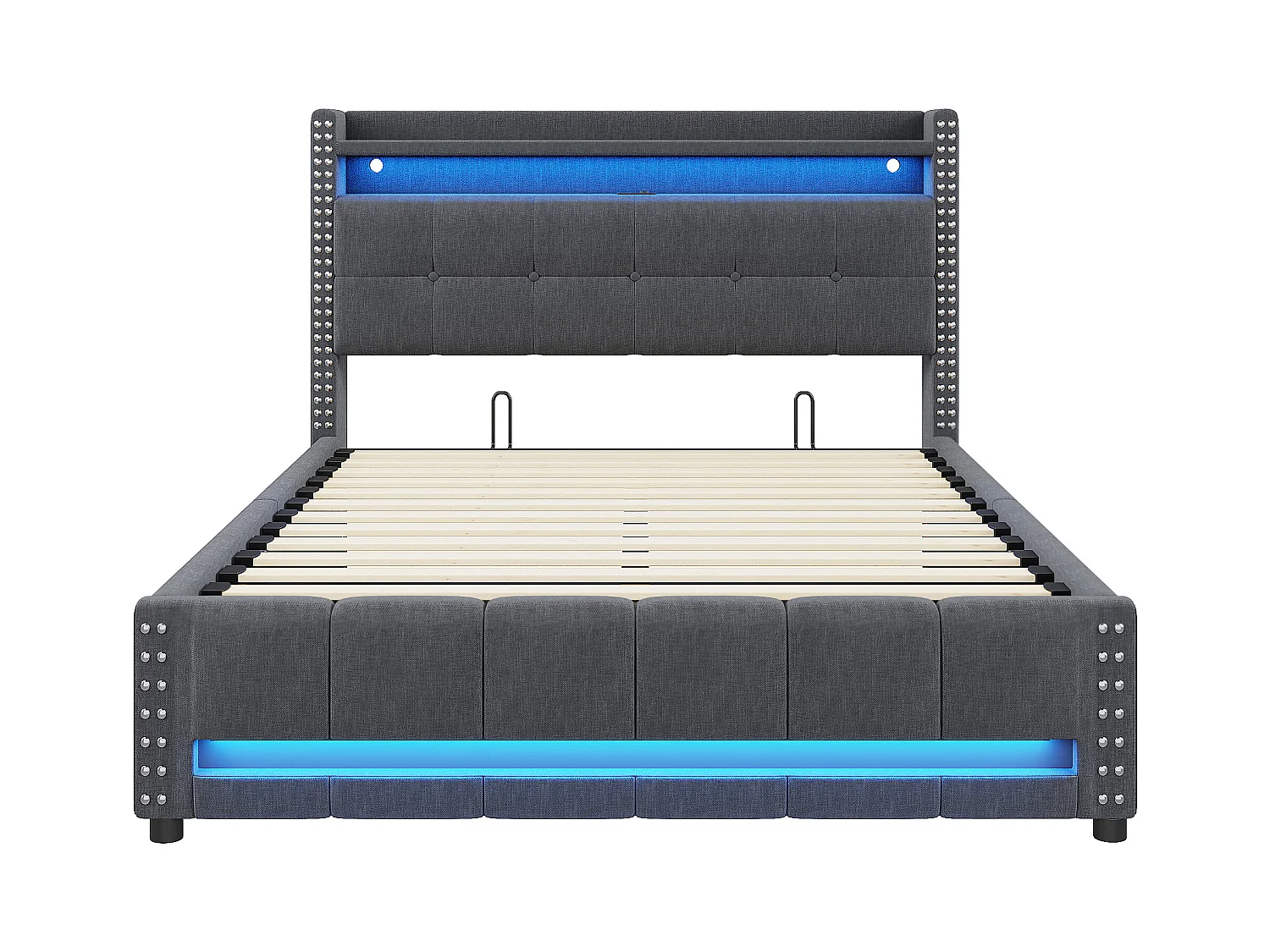 Lit 140x200 cm, lit coffre adulte avec LED + prise USB, lin, Sommier à lattes, sans matelas, gris