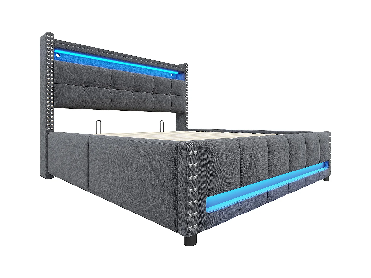 Lit 140x200 cm, lit coffre adulte avec LED + prise USB, lin, Sommier à lattes, sans matelas, gris