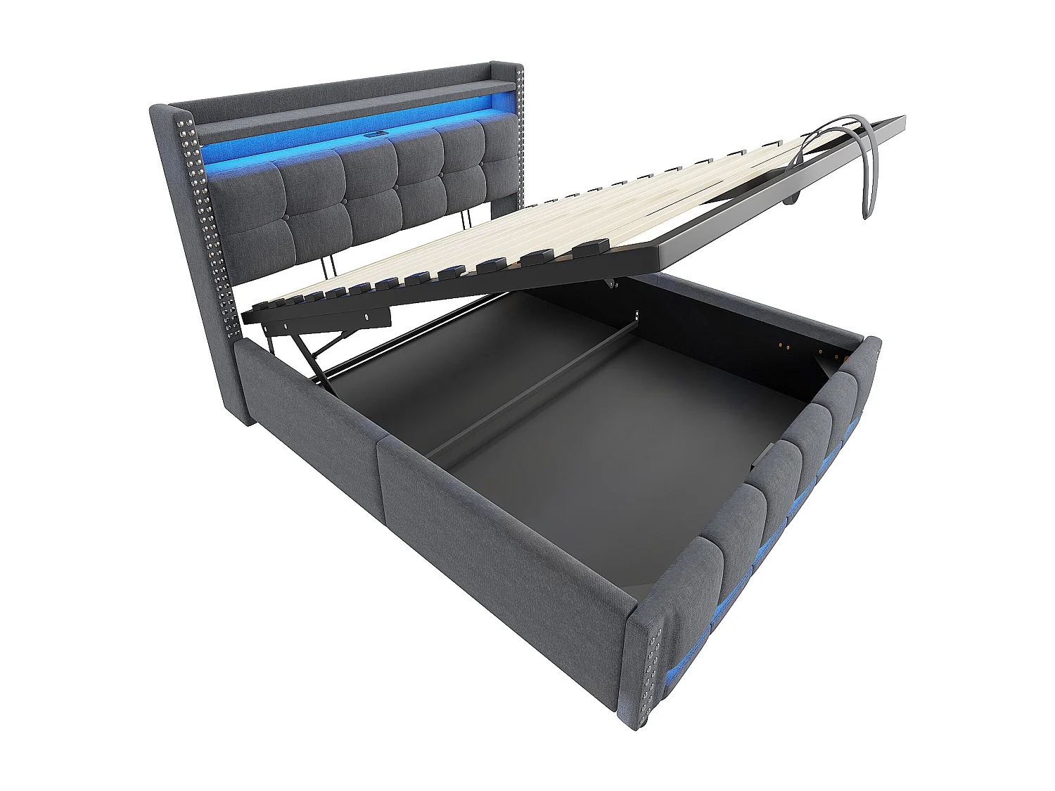 Lit 140x200 cm, lit coffre adulte avec LED + prise USB, lin, Sommier à lattes, sans matelas, gris