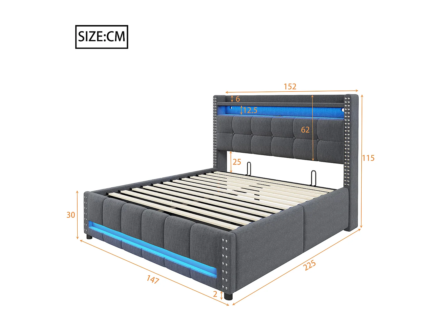 Lit 140x200 cm, lit coffre adulte avec LED + prise USB, lin, Sommier à lattes, sans matelas, gris