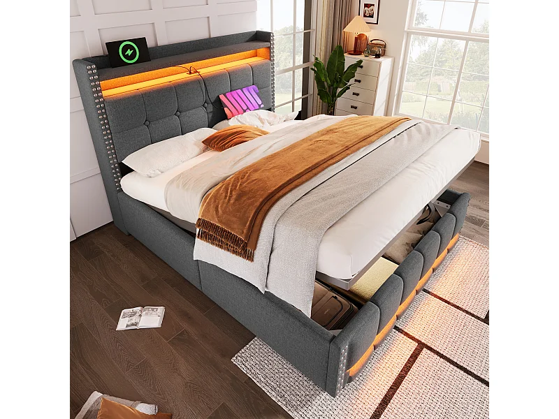Lit 140x200 cm, lit coffre adulte avec LED + prise USB, lin, Sommier à lattes, sans matelas, gris