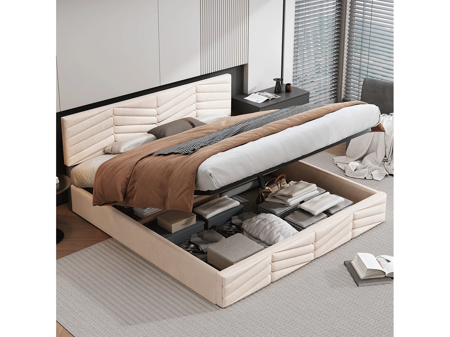 Lit coffre adulte 180 x 200 cm avec sommier à lattes, velours, sans matelas,beige