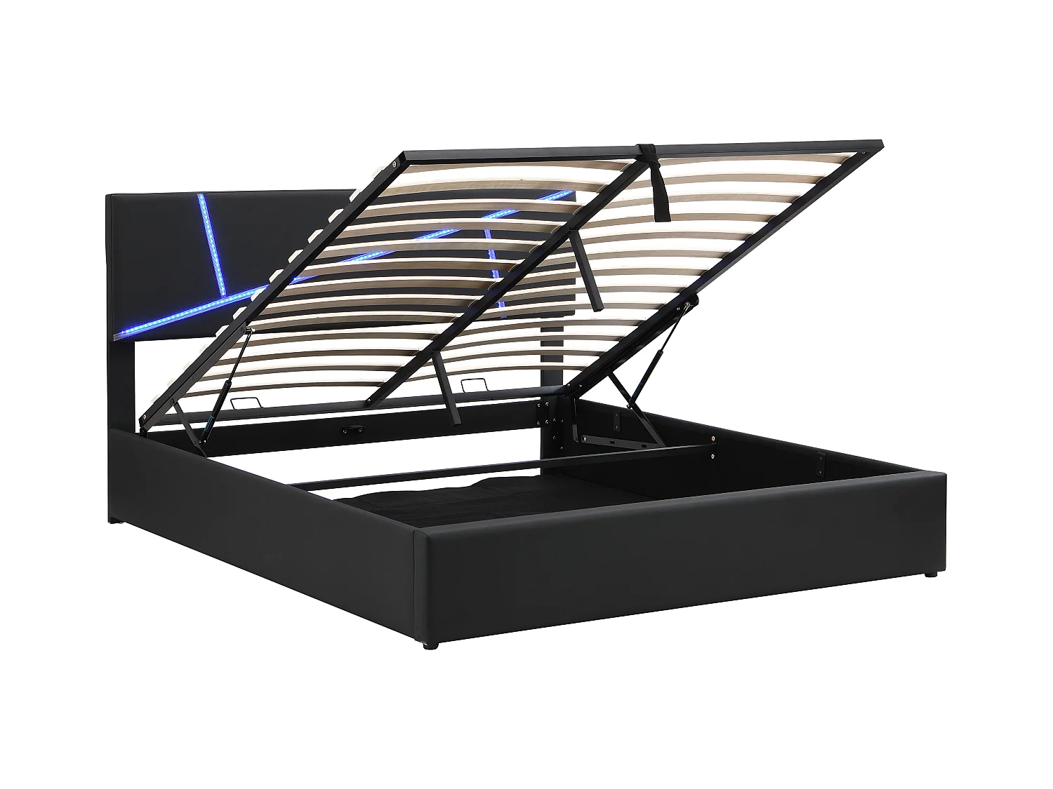 Lit coffre adulte 140x200cm in simili cuir avec LED, Sommier à lattes, sans matelas, noir