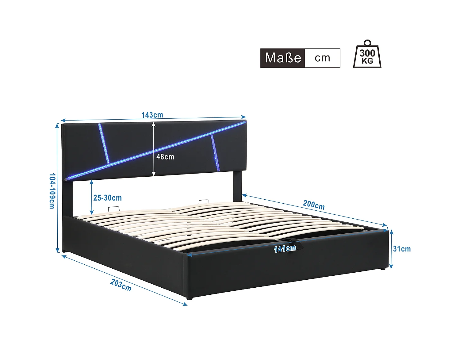 Lit coffre adulte 140x200cm in simili cuir avec LED, Sommier à lattes, sans matelas, noir
