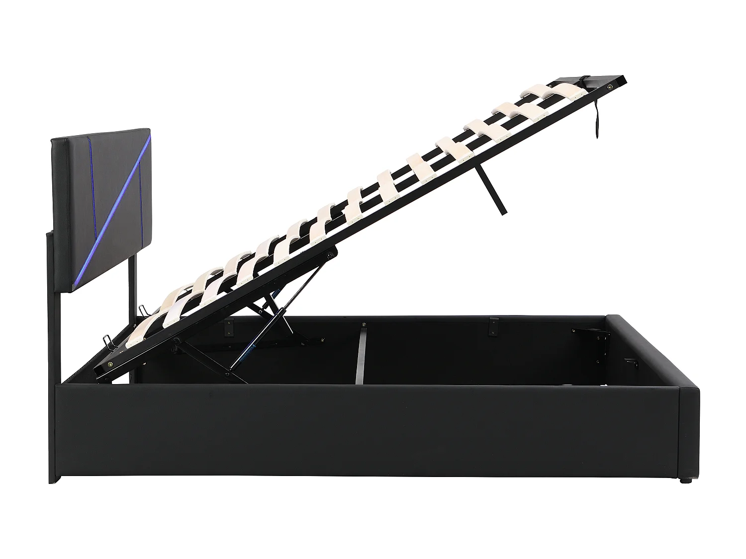 Lit coffre adulte 140x200cm in simili cuir avec LED, Sommier à lattes, sans matelas, noir